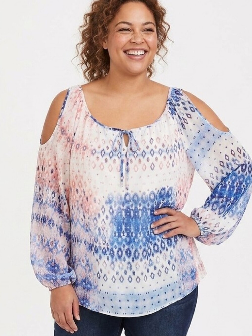 Alyx Plus Size Boho Tie-Neck Peasant Top in Blue, Pink and Cream